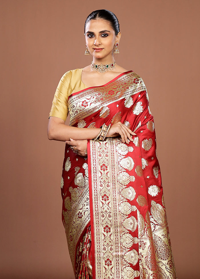 Maroon Banarasi Silk Saree With Blouse Piece