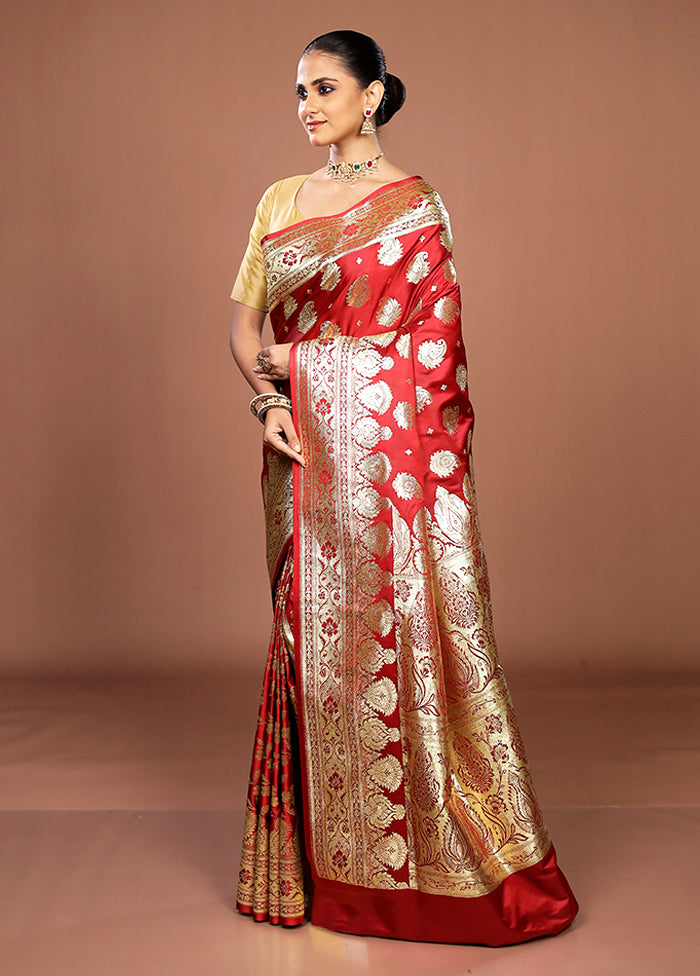 Maroon Banarasi Silk Saree With Blouse Piece
