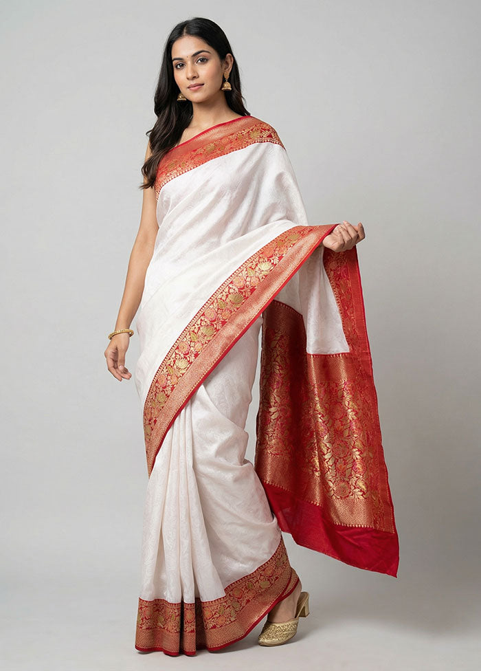 White Handloom Dupion Pure Silk Saree With Blouse Piece