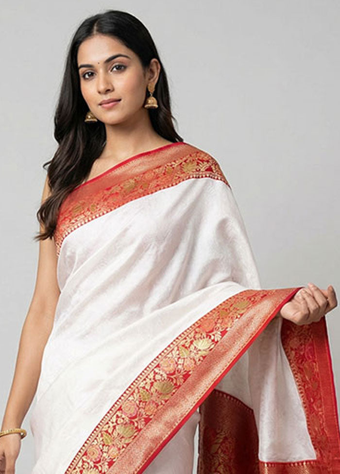 White Handloom Dupion Pure Silk Saree With Blouse Piece