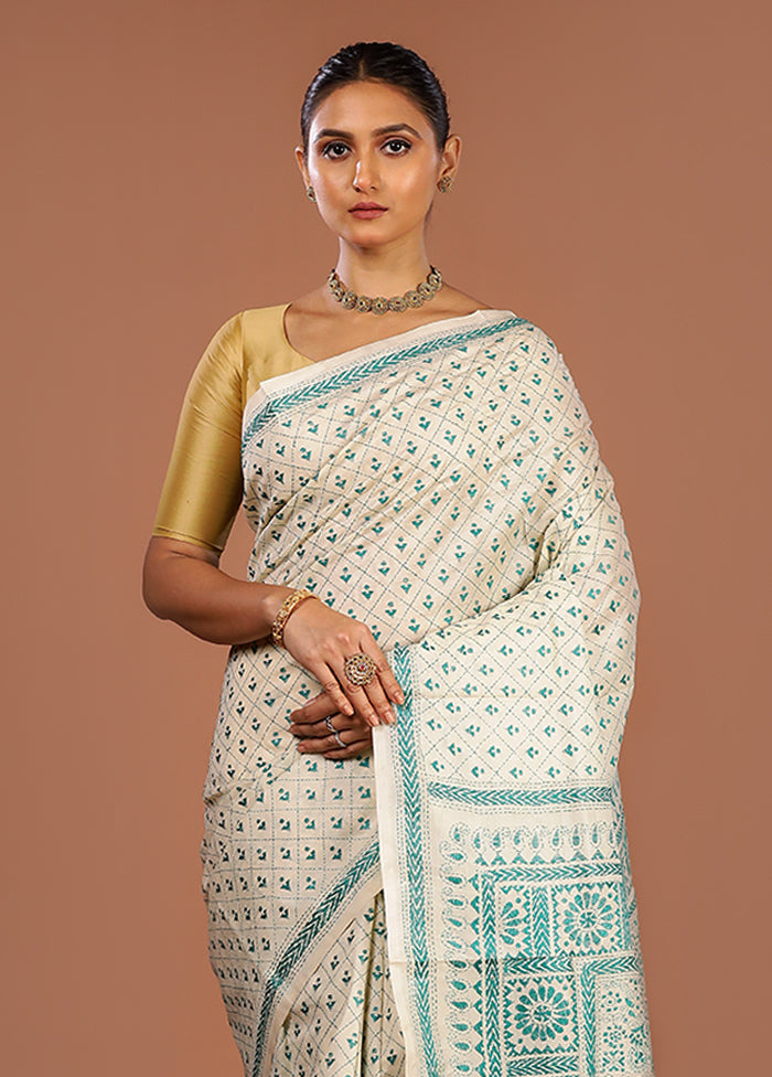 Cream Handloom Kantha Stitch Pure Silk Saree With Blouse Piece