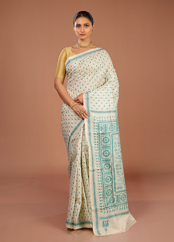 Cream Handloom Kantha Stitch Pure Silk Saree With Blouse Piece