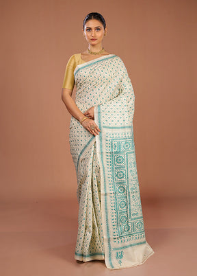 Cream Handloom Kantha Stitch Pure Silk Saree With Blouse Piece