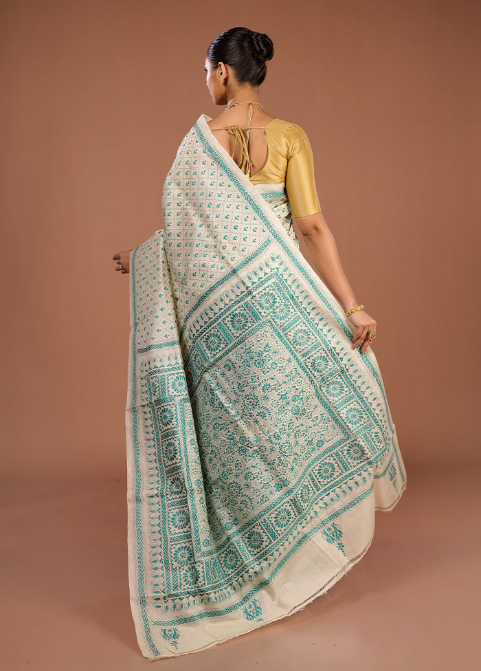 Cream Handloom Kantha Stitch Pure Silk Saree With Blouse Piece