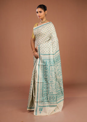 Cream Handloom Kantha Stitch Pure Silk Saree With Blouse Piece