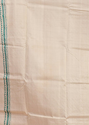 Cream Handloom Kantha Stitch Pure Silk Saree With Blouse Piece