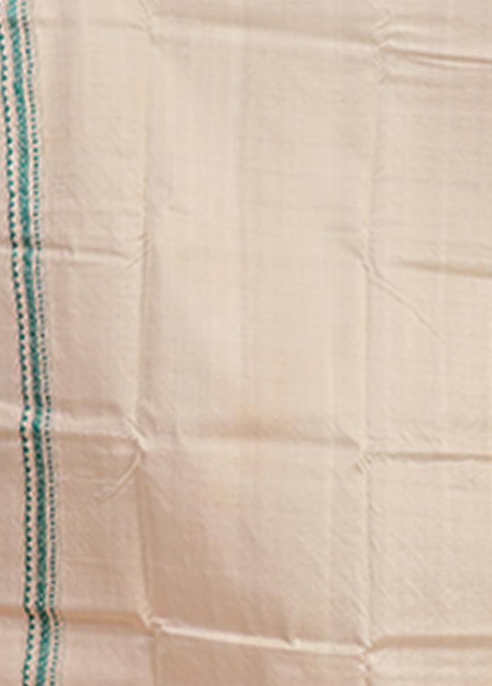 Cream Handloom Kantha Stitch Pure Silk Saree With Blouse Piece