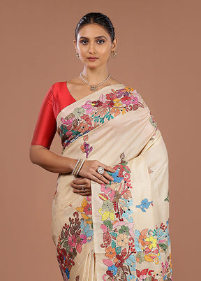 Cream Handloom Kantha Stitch Pure Silk Saree With Blouse Piece