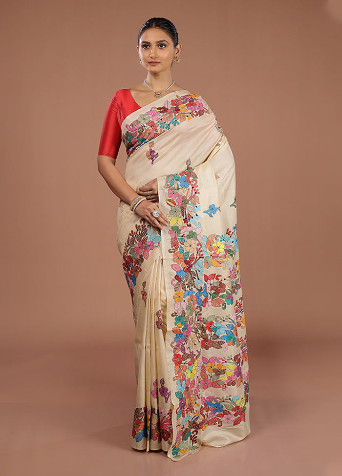 Cream Handloom Kantha Stitch Pure Silk Saree With Blouse Piece