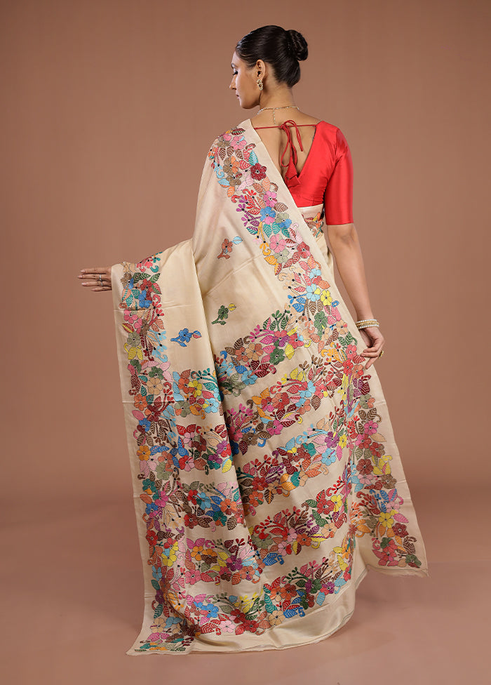 Cream Handloom Kantha Stitch Pure Silk Saree With Blouse Piece