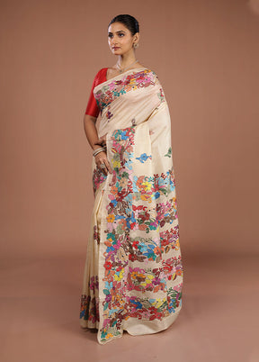 Cream Handloom Kantha Stitch Pure Silk Saree With Blouse Piece
