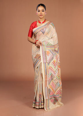 Cream Handloom Kantha Stitch Pure Silk Saree With Blouse Piece