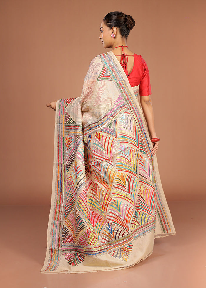 Cream Handloom Kantha Stitch Pure Silk Saree With Blouse Piece