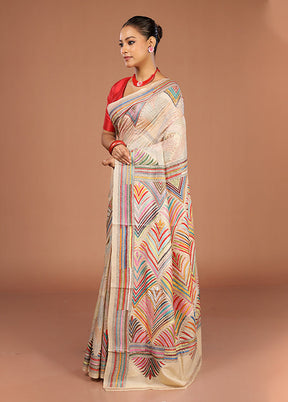 Cream Handloom Kantha Stitch Pure Silk Saree With Blouse Piece