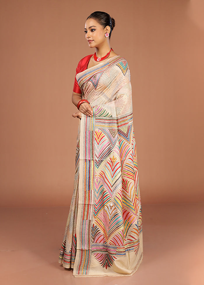 Cream Handloom Kantha Stitch Pure Silk Saree With Blouse Piece