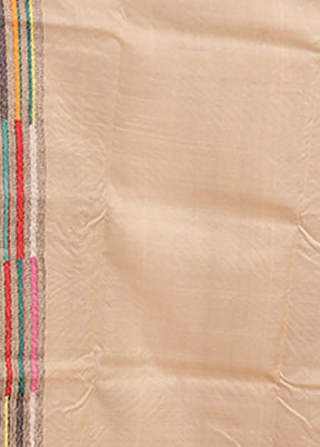 Cream Handloom Kantha Stitch Pure Silk Saree With Blouse Piece