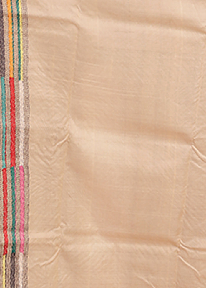 Cream Handloom Kantha Stitch Pure Silk Saree With Blouse Piece