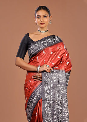 Brown Handloom Kantha Stitch Pure Silk Saree With Blouse Piece