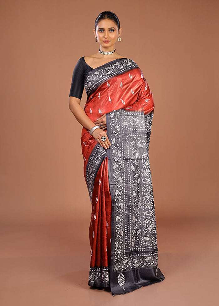 Brown Handloom Kantha Stitch Pure Silk Saree With Blouse Piece