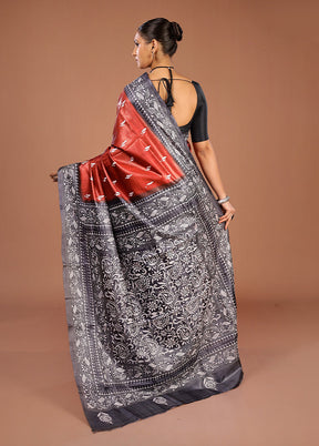 Brown Handloom Kantha Stitch Pure Silk Saree With Blouse Piece