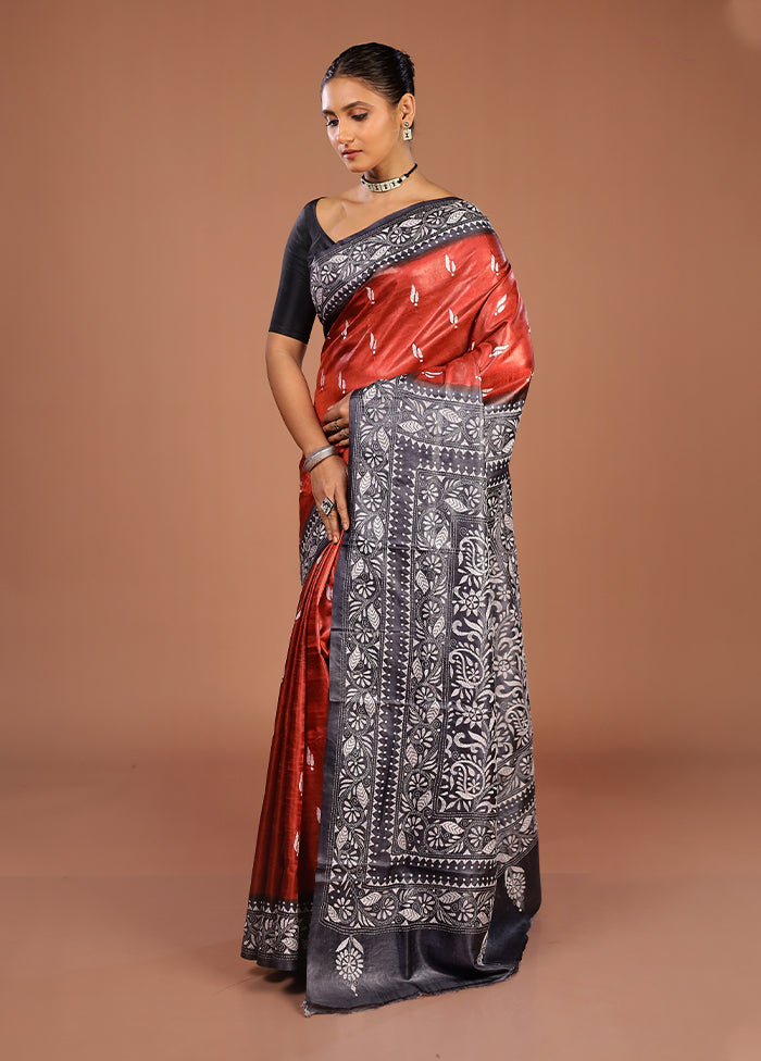 Brown Handloom Kantha Stitch Pure Silk Saree With Blouse Piece