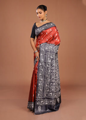 Brown Handloom Kantha Stitch Pure Silk Saree With Blouse Piece