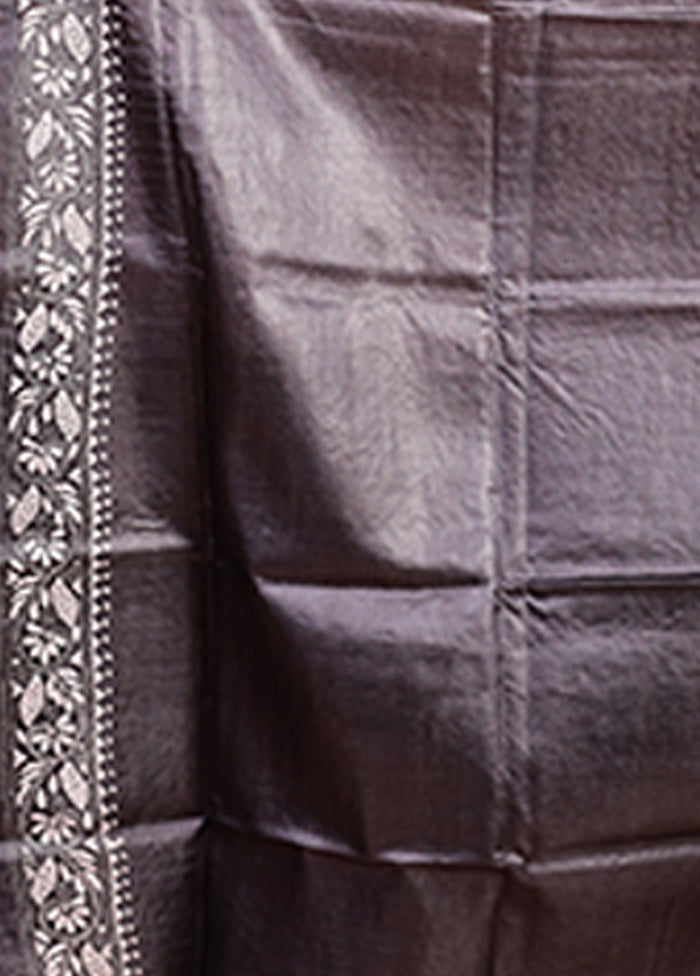 Brown Handloom Kantha Stitch Pure Silk Saree With Blouse Piece