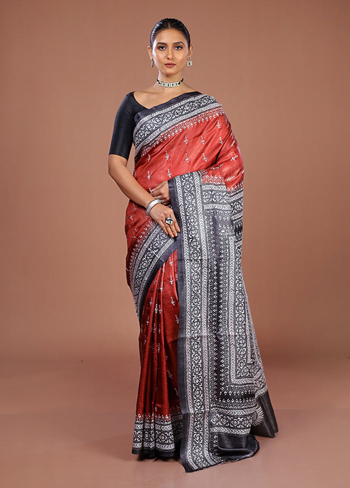 Brown Handloom Kantha Stitch Pure Silk Saree With Blouse Piece