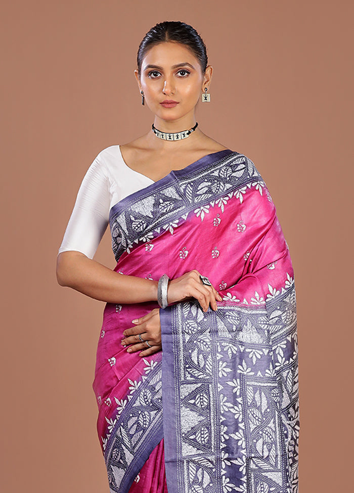 Pink Handloom Kantha Stitch Pure Silk Saree With Blouse Piece