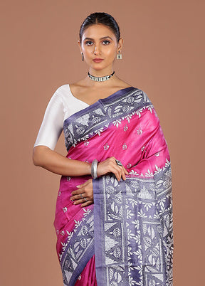 Pink Handloom Kantha Stitch Pure Silk Saree With Blouse Piece