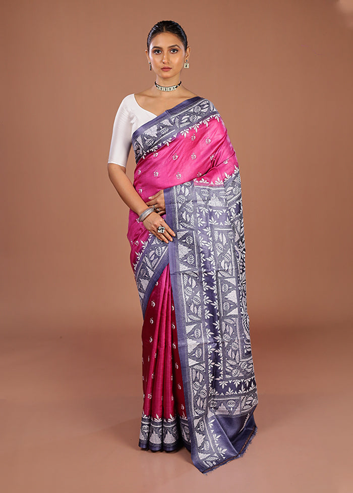 Pink Handloom Kantha Stitch Pure Silk Saree With Blouse Piece