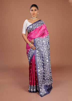 Pink Handloom Kantha Stitch Pure Silk Saree With Blouse Piece