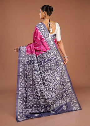 Pink Handloom Kantha Stitch Pure Silk Saree With Blouse Piece