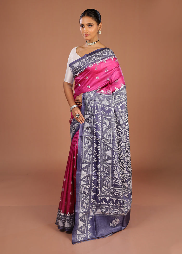 Pink Handloom Kantha Stitch Pure Silk Saree With Blouse Piece