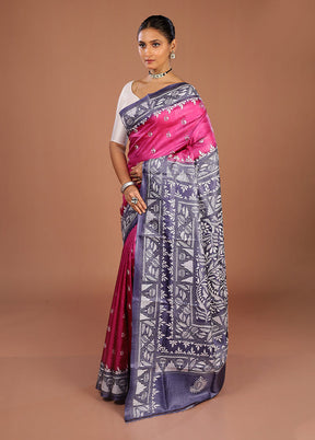 Pink Handloom Kantha Stitch Pure Silk Saree With Blouse Piece