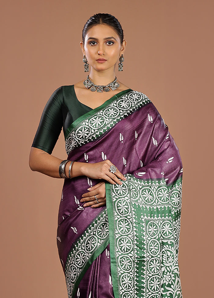 Purple Handloom Kantha Stitch Pure Silk Saree With Blouse Piece