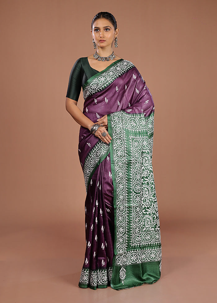 Purple Handloom Kantha Stitch Pure Silk Saree With Blouse Piece