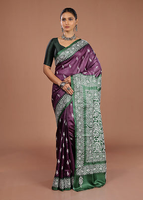 Purple Handloom Kantha Stitch Pure Silk Saree With Blouse Piece