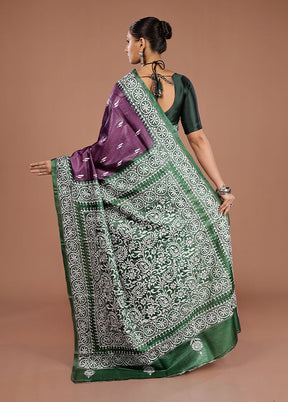 Purple Handloom Kantha Stitch Pure Silk Saree With Blouse Piece