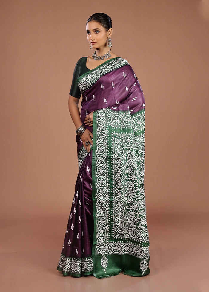 Purple Handloom Kantha Stitch Pure Silk Saree With Blouse Piece