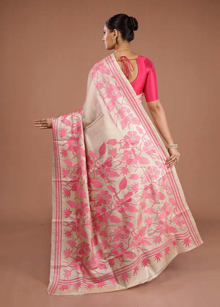 Cream Handloom Kantha Stitch Pure Silk Saree With Blouse Piece