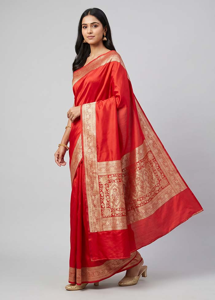 Red Banarasi Silk Saree With Blouse Piece