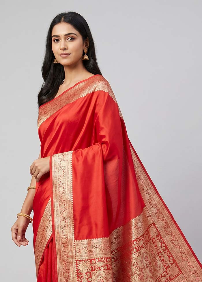 Red Banarasi Silk Saree With Blouse Piece