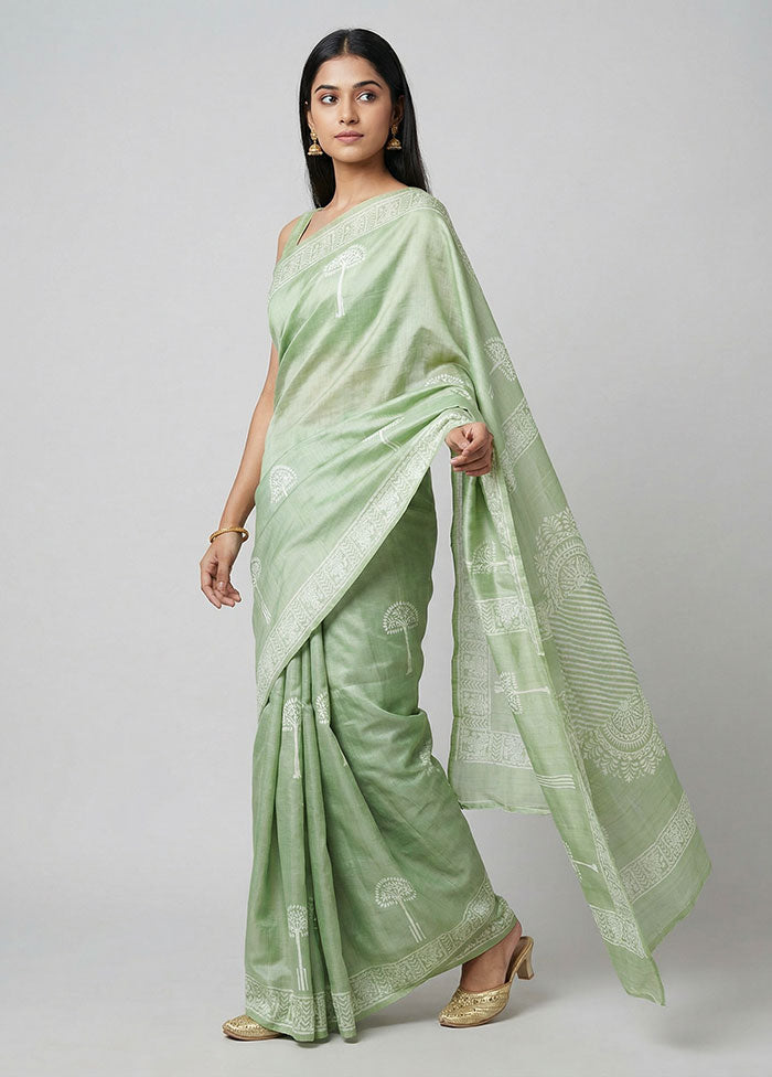 Green Printed Silk Saree Without Blouse Piece
