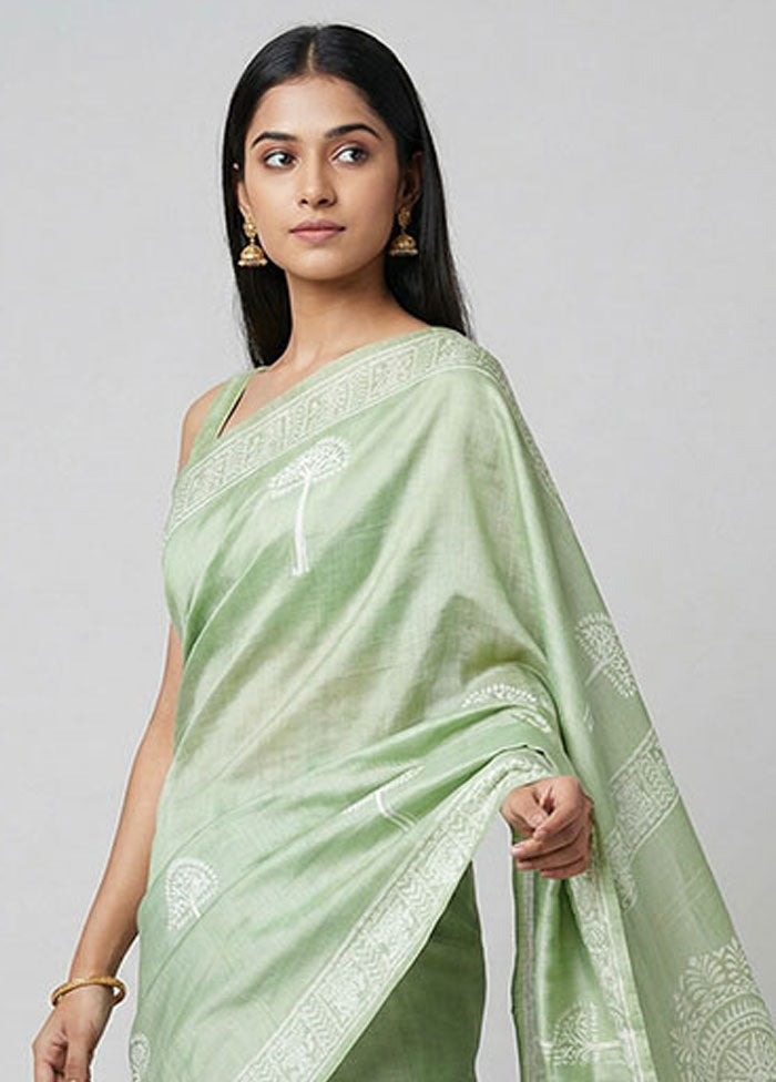 Green Printed Silk Saree Without Blouse Piece