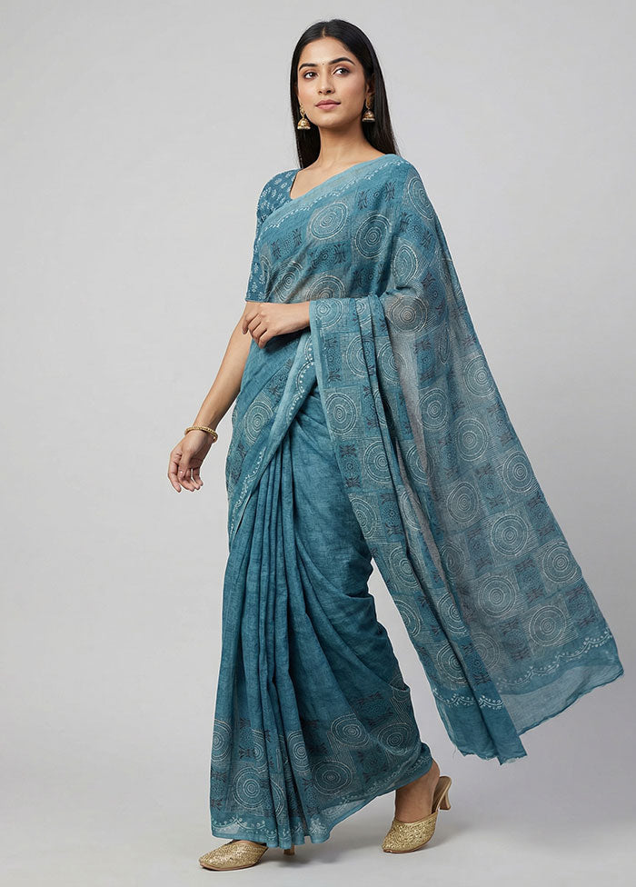 Blue Cotton Saree With Blouse Piece
