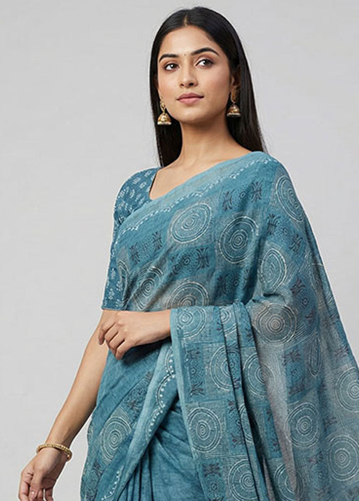 Blue Cotton Saree With Blouse Piece