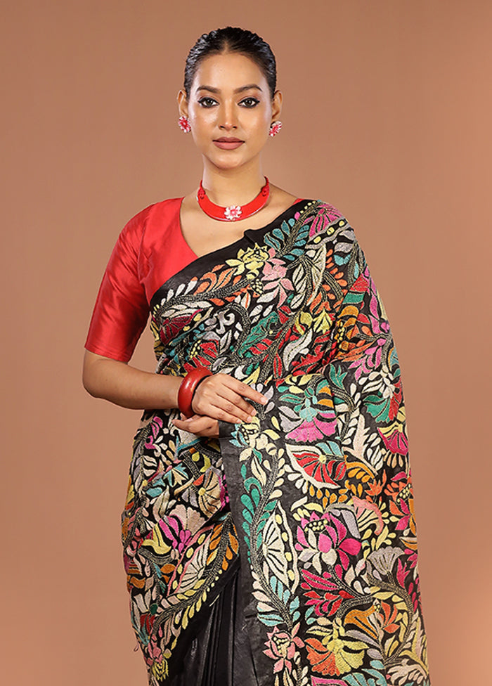 Black Handloom Kantha Stitch Pure Silk Saree With Blouse Piece