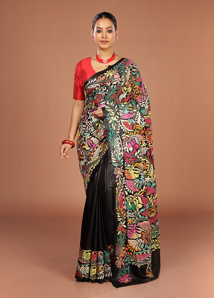 Black Handloom Kantha Stitch Pure Silk Saree With Blouse Piece