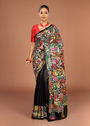 Black Handloom Kantha Stitch Pure Silk Saree With Blouse Piece
